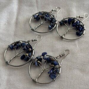 Set of 2 – Tree of Life Wire-Wrapped Earrings | Blue & Gray Chip Stone Dangles
